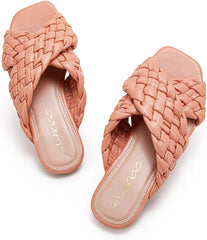 Square Open Toe Pink Braided Cross Band Flat Sandals