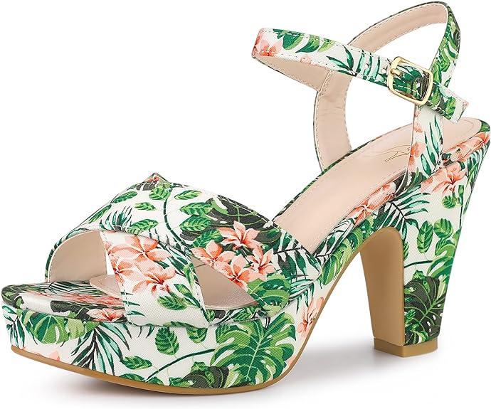 Black Floral Platform Heel Sling Back Sandals