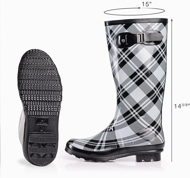 Black & White Plaid Waterproof Rain Boots Water Shoes