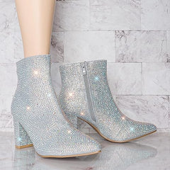 Rhinestone Studded Sequin Silver Rhinestone Ankle Boots