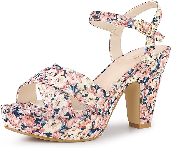 Black Floral Platform Heel Sling Back Sandals