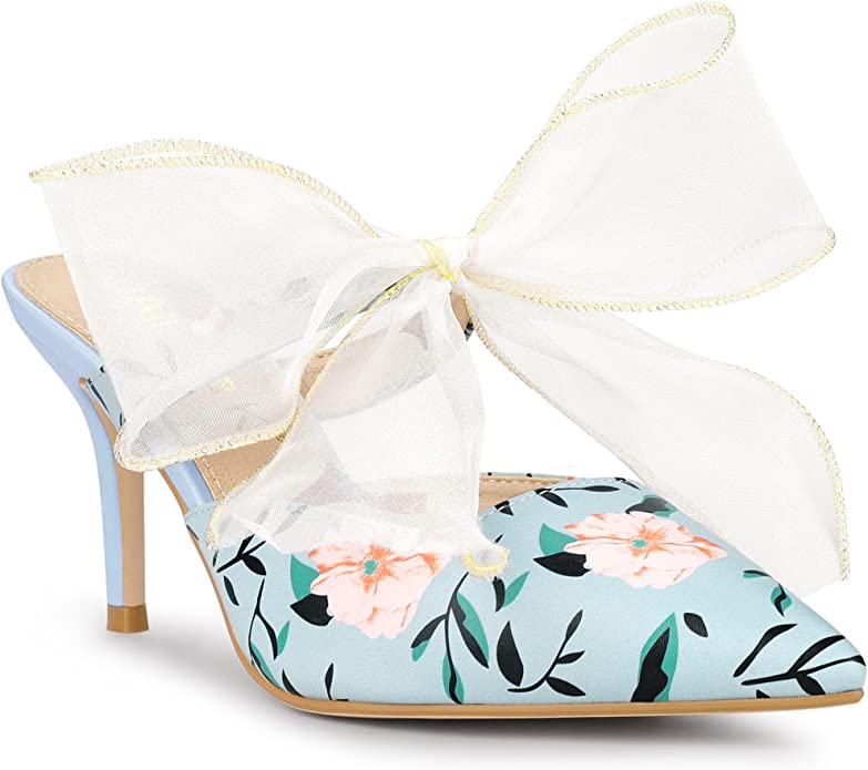 Chiffon Bow Blue Floral Pointed Toe Heels