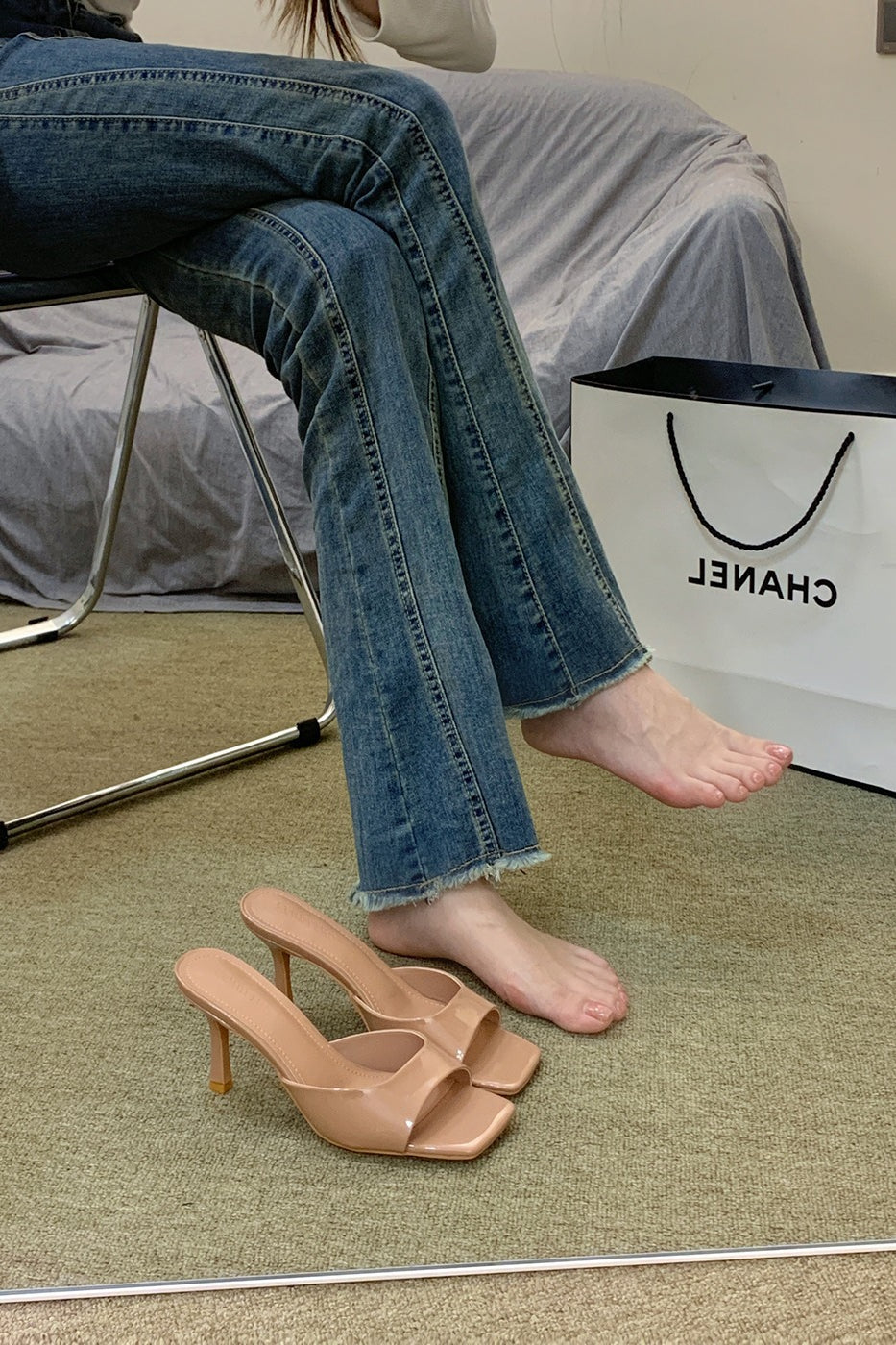 Nude stiletto open toe slippers square toe high heels