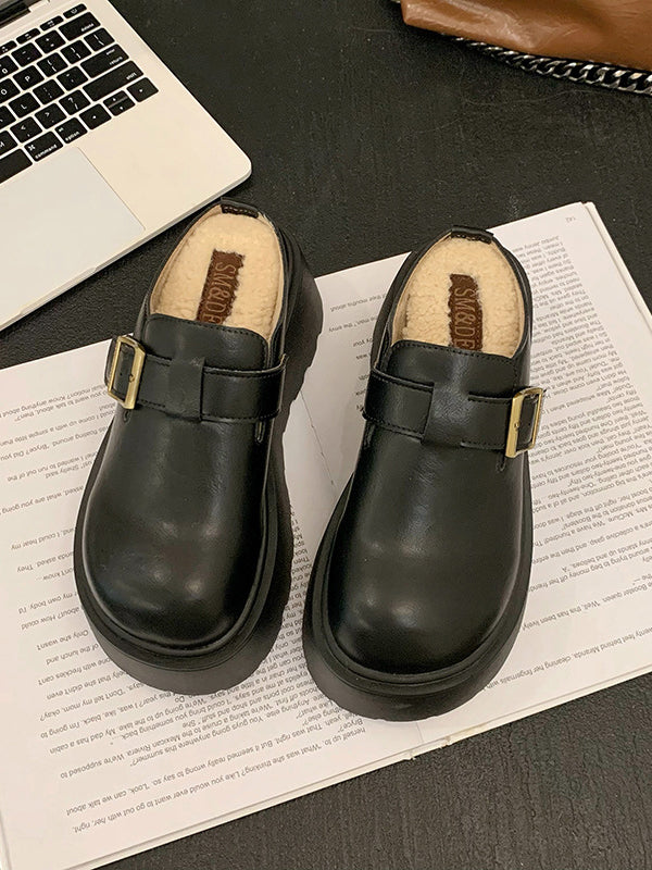 Belt Buckle Round-Toe Split-Joint Loafers Platform Shoes Slippers&Mules