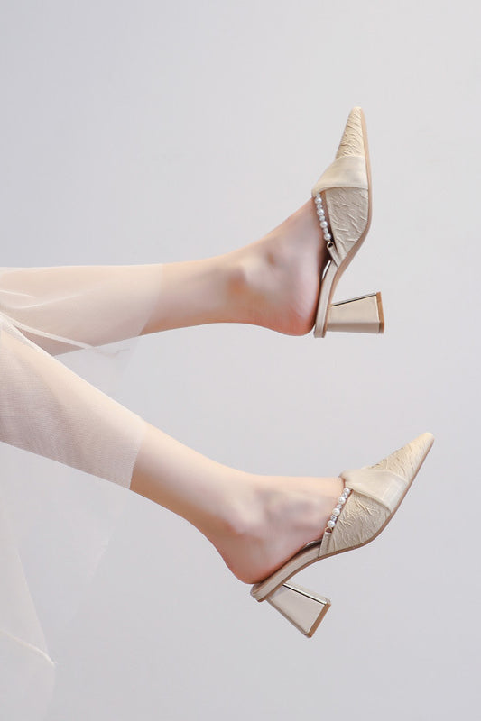 Pearl chain French gentle high heel sandals