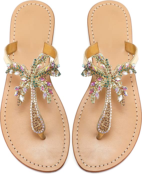 Bohemian Palm Tree Silver Multi Color Rhinestone T Strap Sandals
