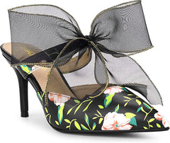 Chiffon Bow Black Floral Pointed Toe Heels