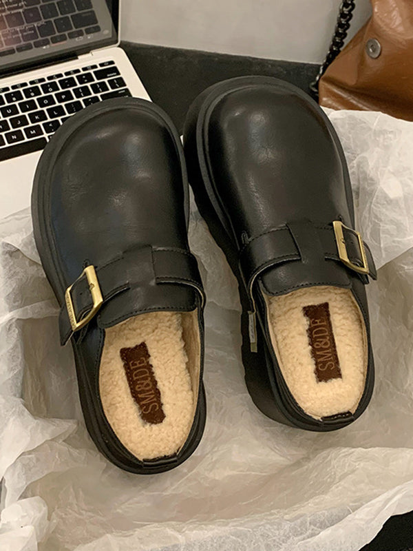 Belt Buckle Round-Toe Split-Joint Loafers Platform Shoes Slippers&Mules