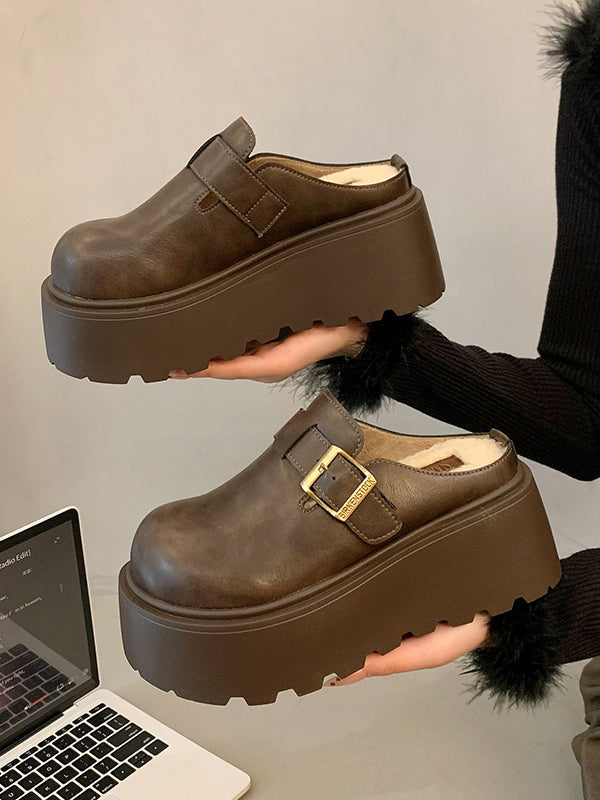Belt Buckle Round-Toe Split-Joint Loafers Platform Shoes Slippers&Mules