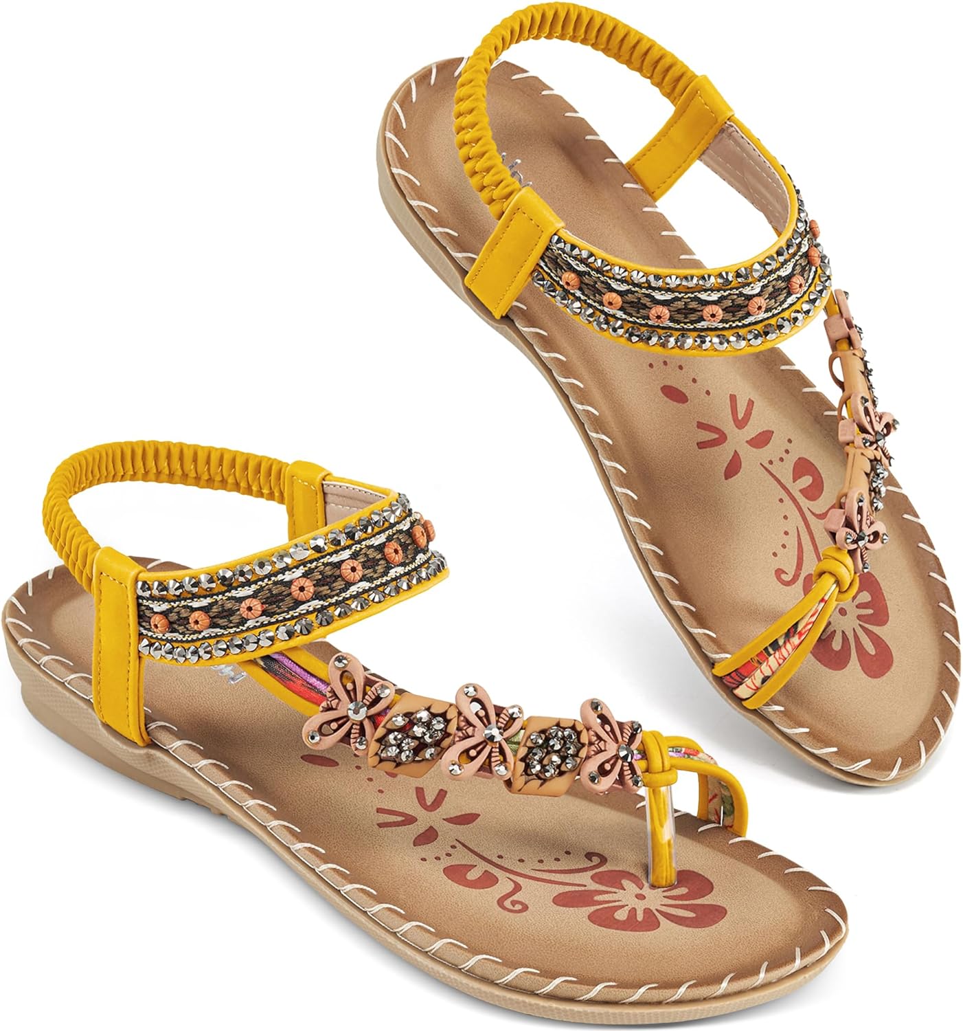 Bohemian Beaded Beige Floral Open Ring Toe Sandals