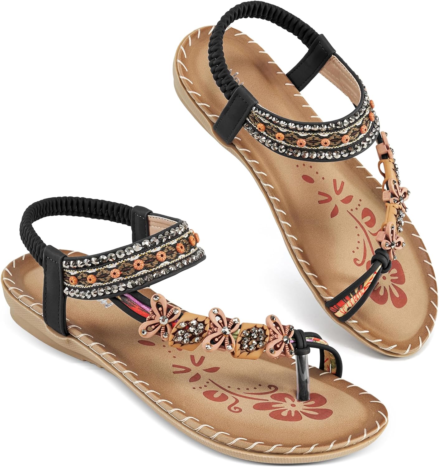 Bohemian Beaded Beige Floral Open Ring Toe Sandals