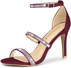Strappy Rhinestone Burgundy High Heel Sandals