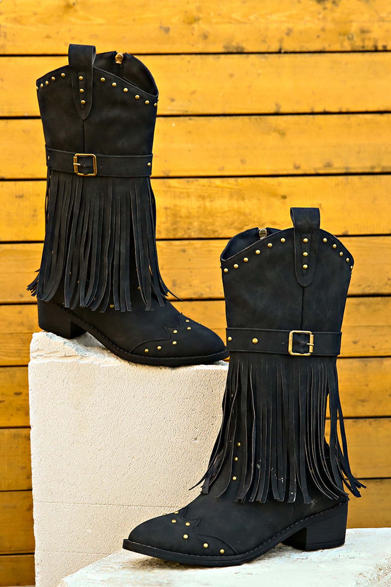 New Fashion Spring Outfit Pointed Toe Studded Fringed Mid-Calf Boots