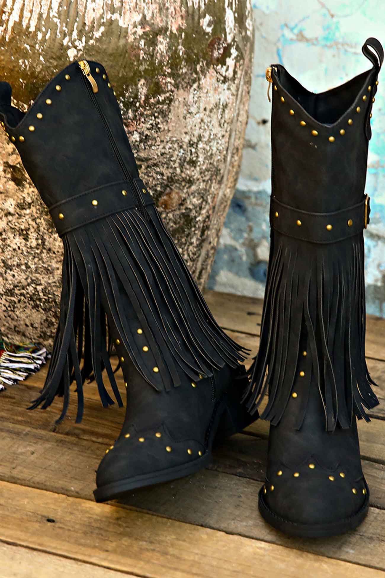 New Fashion Spring Outfit Pointed Toe Studded Fringed Mid-Calf Boots