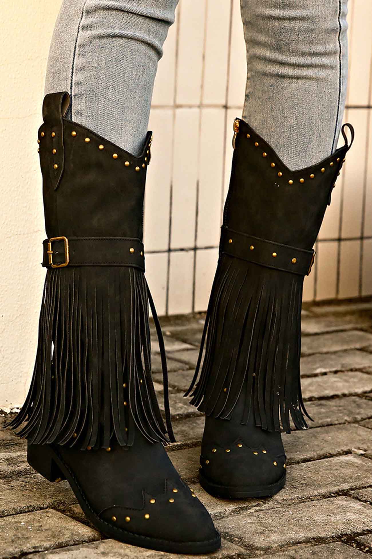 New Fashion Spring Outfit Pointed Toe Studded Fringed Mid-Calf Boots