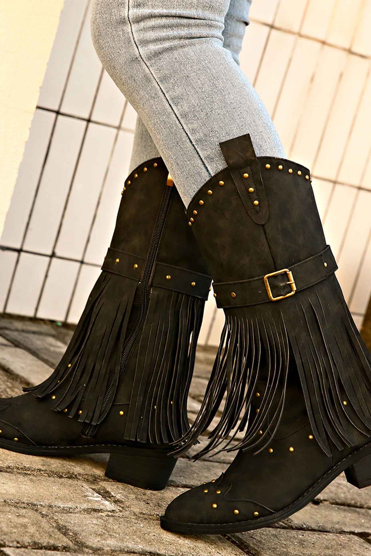 New Fashion Spring Outfit Pointed Toe Studded Fringed Mid-Calf Boots
