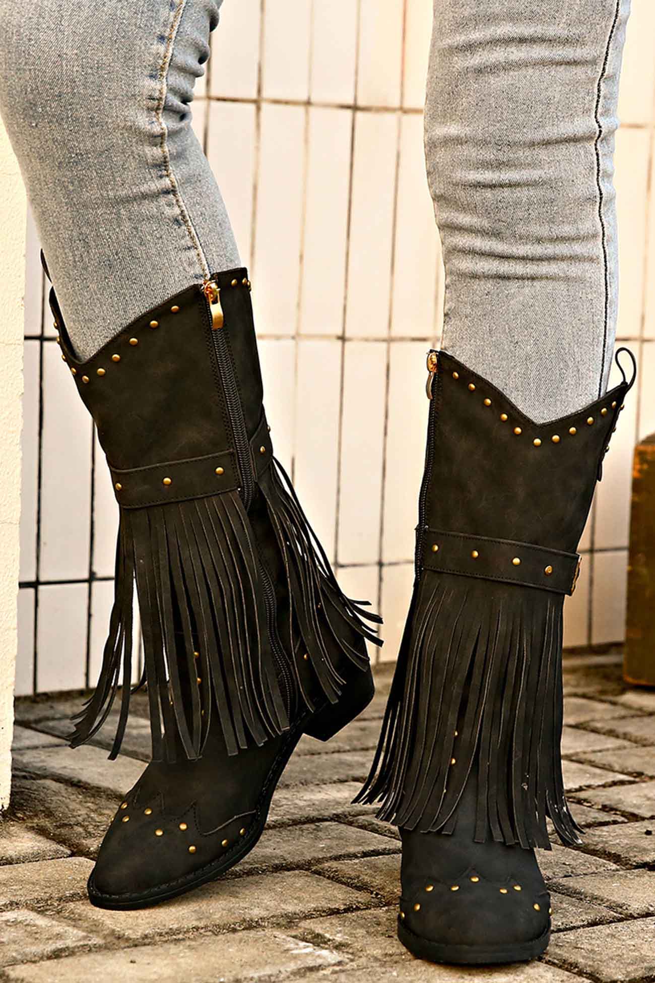 New Fashion Spring Outfit Pointed Toe Studded Fringed Mid-Calf Boots