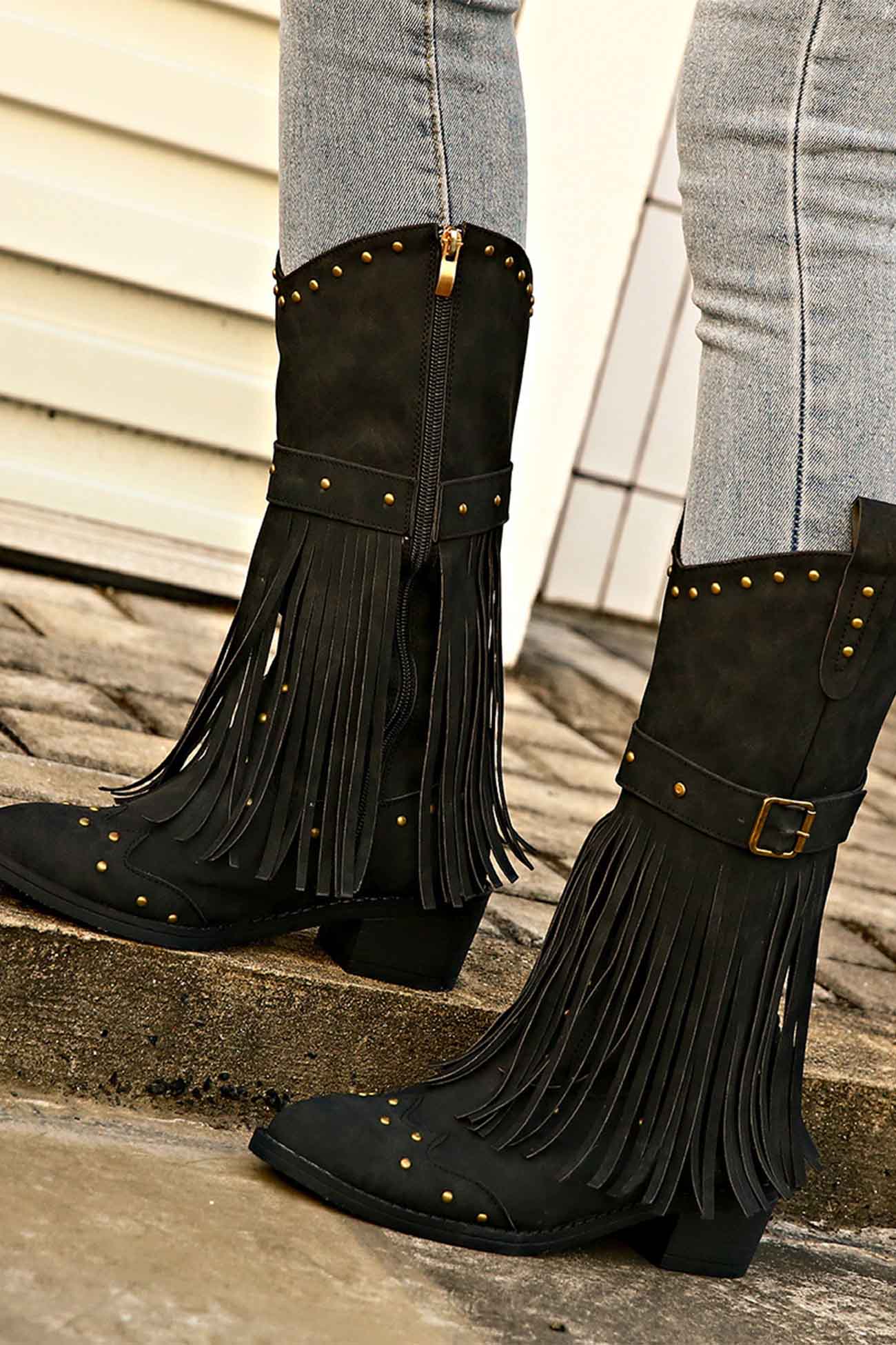 New Fashion Spring Outfit Pointed Toe Studded Fringed Mid-Calf Boots