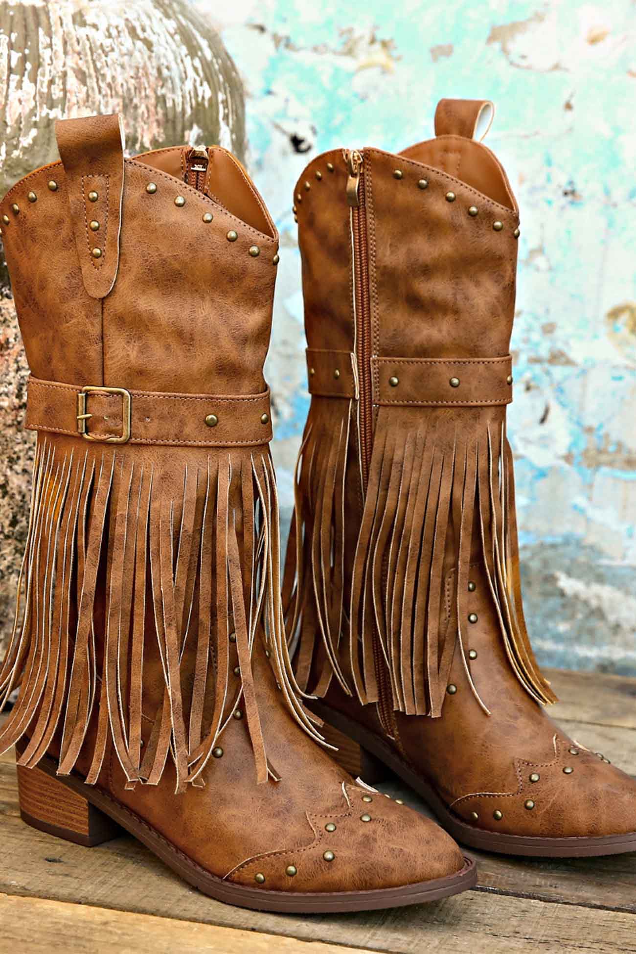 New Fashion Spring Outfit Pointed Toe Studded Fringed Mid-Calf Boots