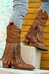 New Fashion Spring Outfit Pointed Toe Studded Fringed Mid-Calf Boots