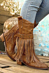 New Fashion Spring Outfit Pointed Toe Studded Fringed Mid-Calf Boots