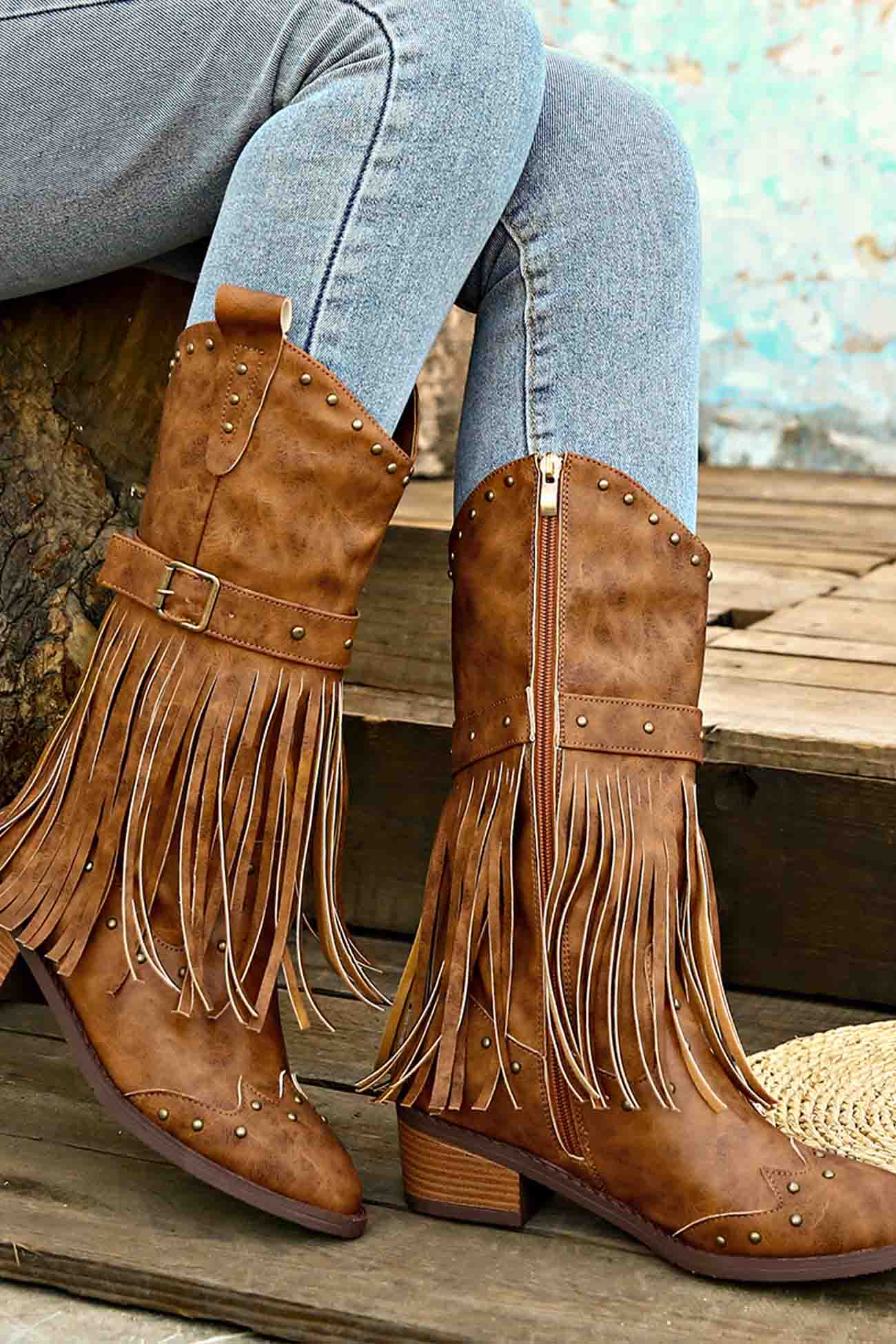 New Fashion Spring Outfit Pointed Toe Studded Fringed Mid-Calf Boots