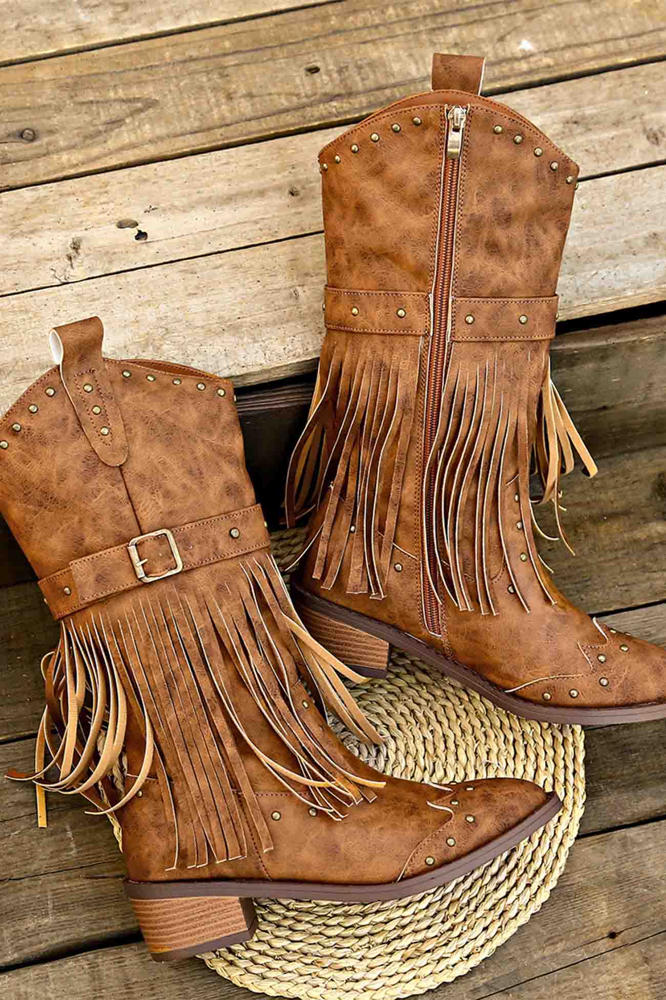 New Fashion Spring Outfit Pointed Toe Studded Fringed Mid-Calf Boots