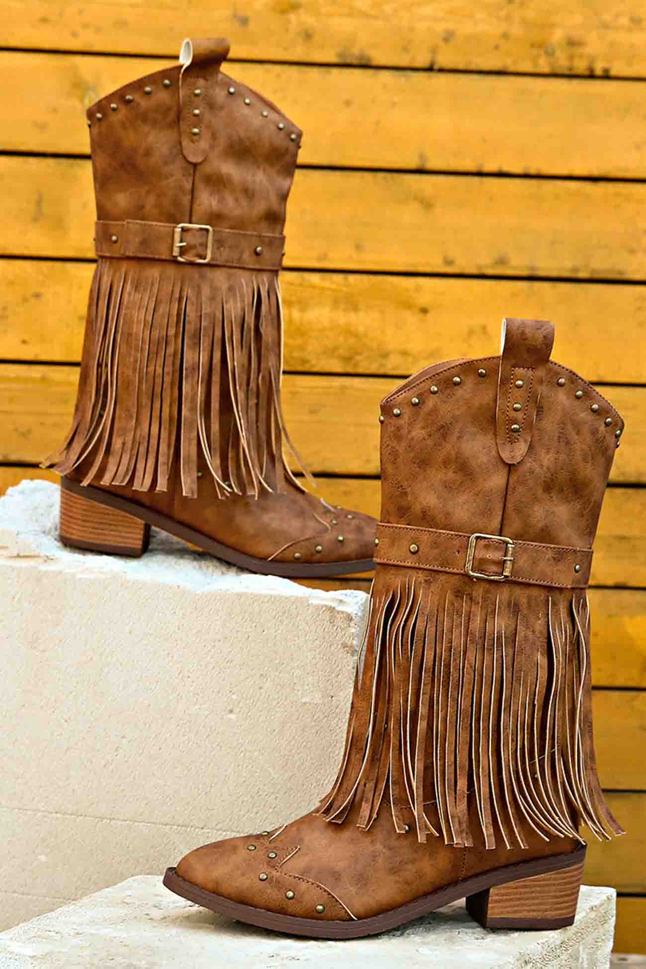 New Fashion Spring Outfit Pointed Toe Studded Fringed Mid-Calf Boots