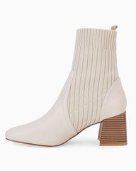 Beige Leather Knit Chunky Heel Ankle Boots