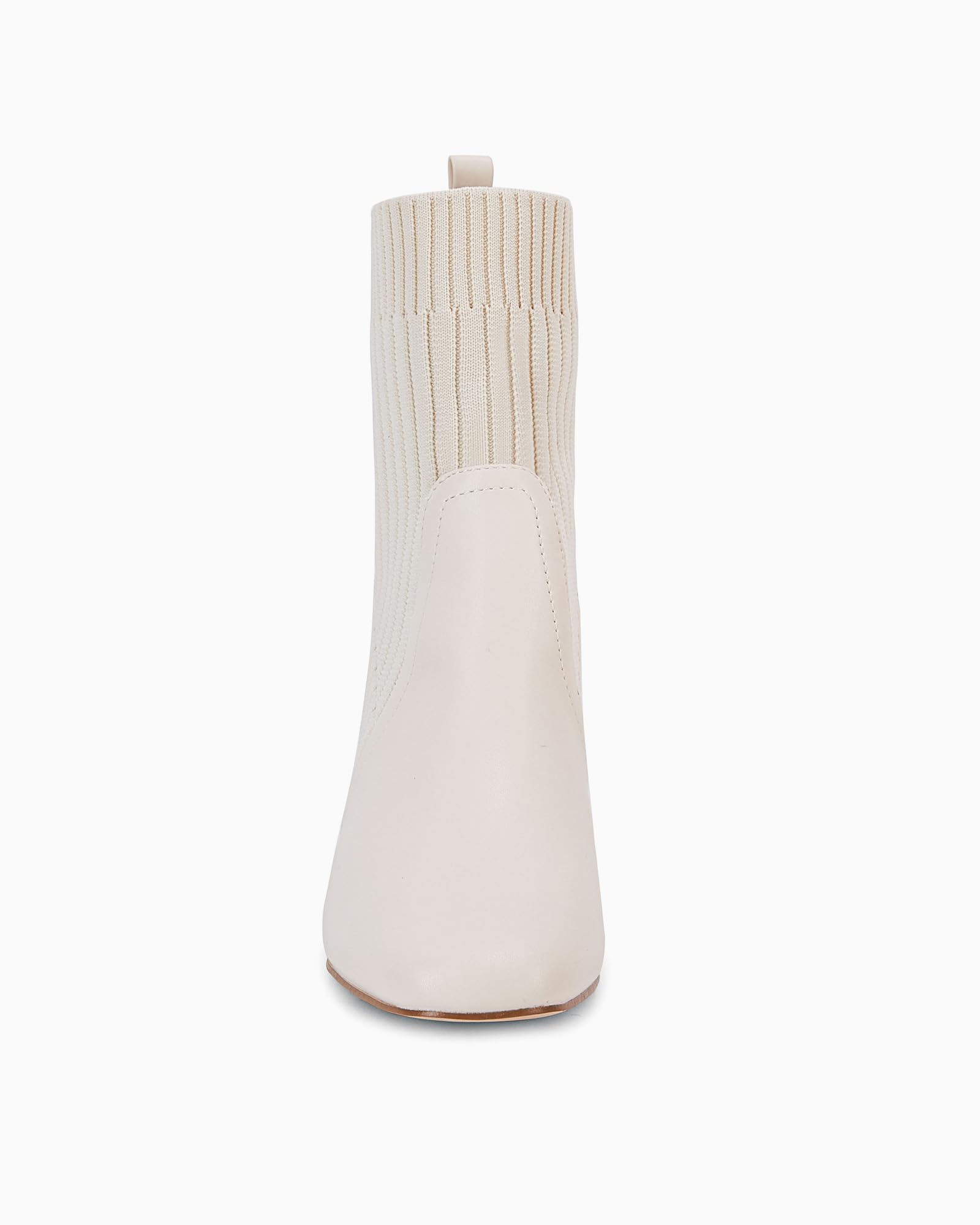 Beige Leather Knit Chunky Heel Ankle Boots