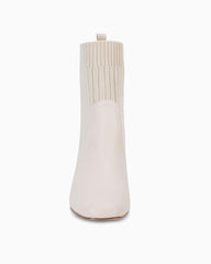 Beige Leather Knit Chunky Heel Ankle Boots
