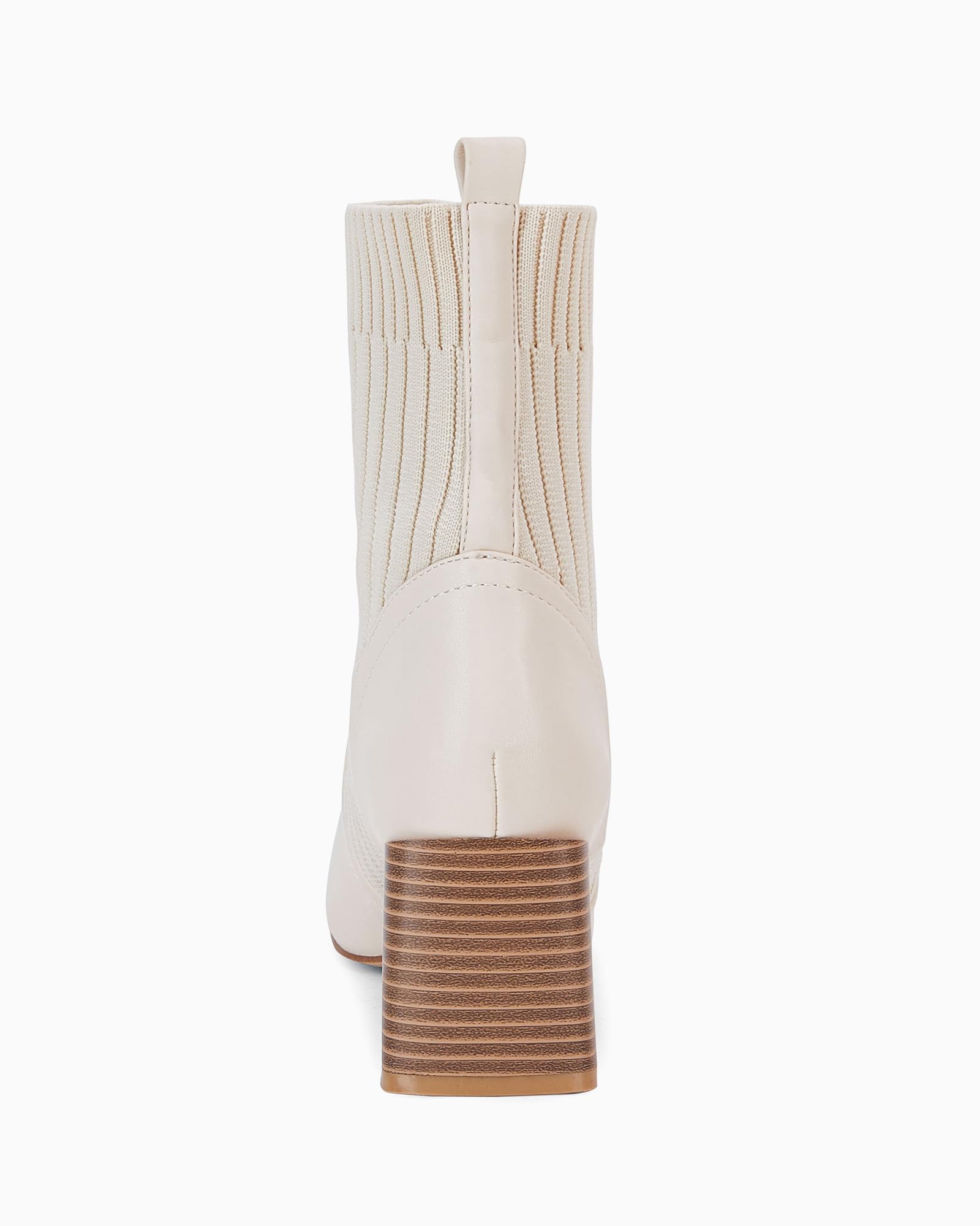 Beige Leather Knit Chunky Heel Ankle Boots