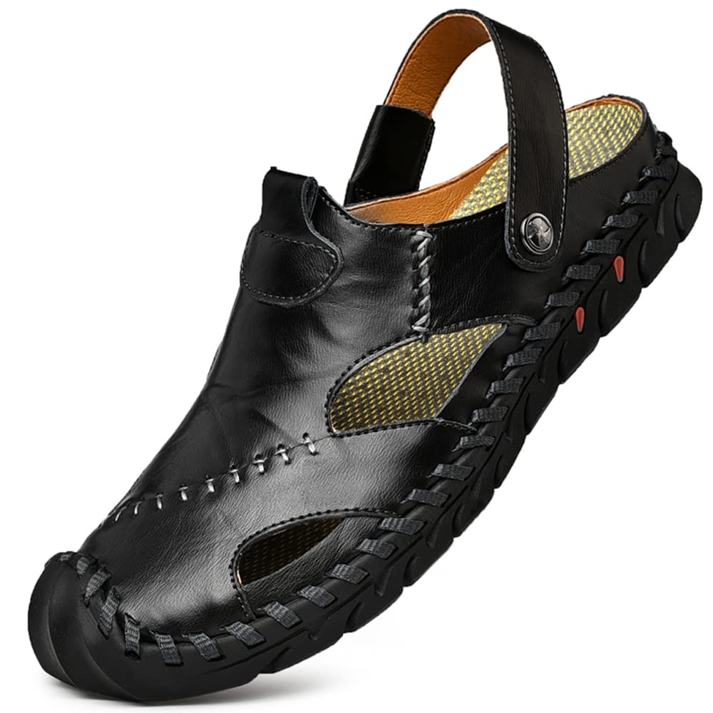Black Men's Leather Closed Toe Outdoor Sandals