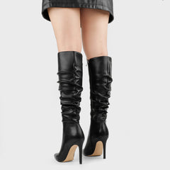 Black Slouchy Working Girl Stiletto Faux Leather Boots