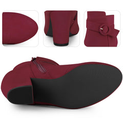 Burgundy Chic Suede Round Toe Buckle Heel Ankle Boots