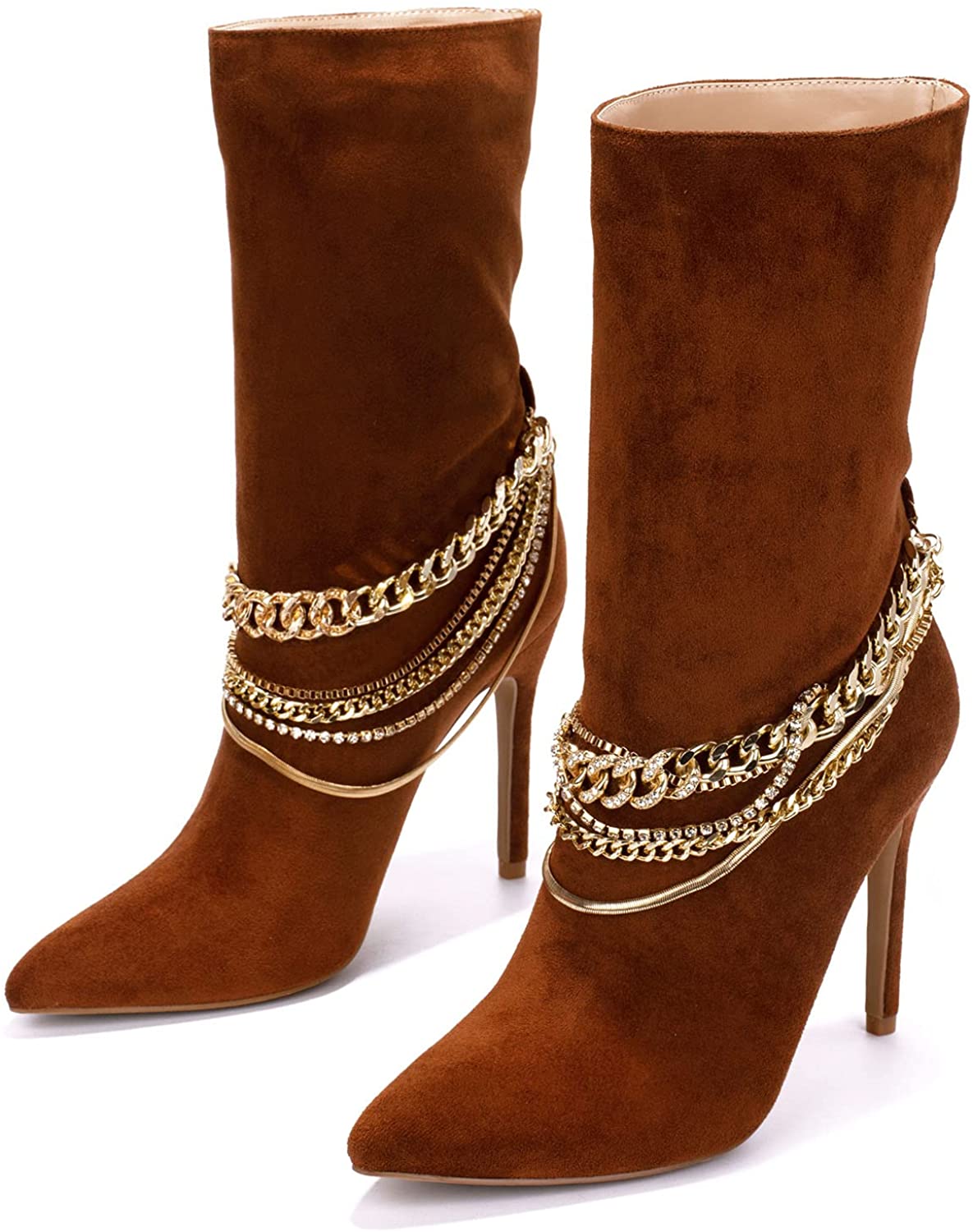 Faux Suede Brown Pointed Toe Sock Ankle Booties