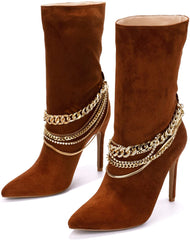 Faux Suede Brown Pointed Toe Sock Ankle Booties