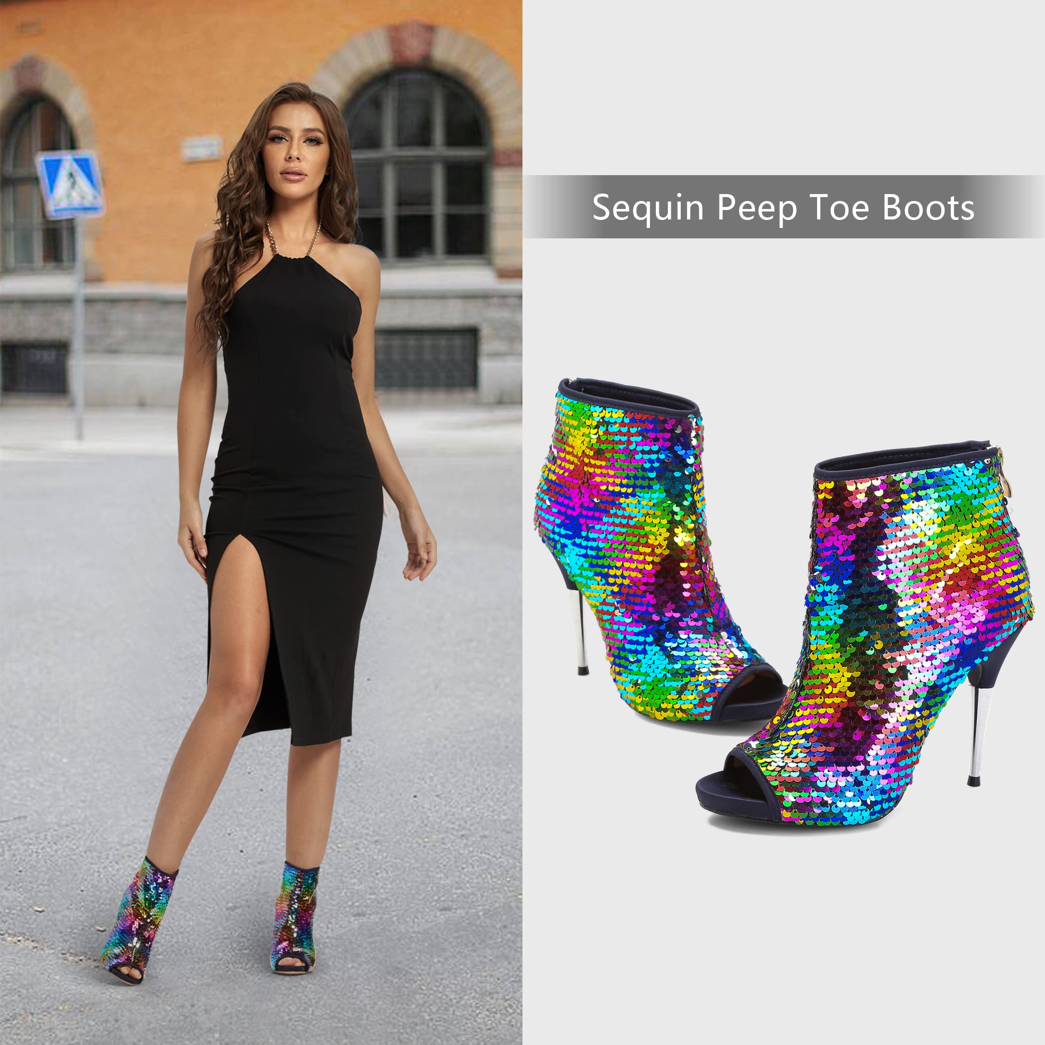 Multicolour Sequined Stiletto Glitter Open Toe Ankle Booties