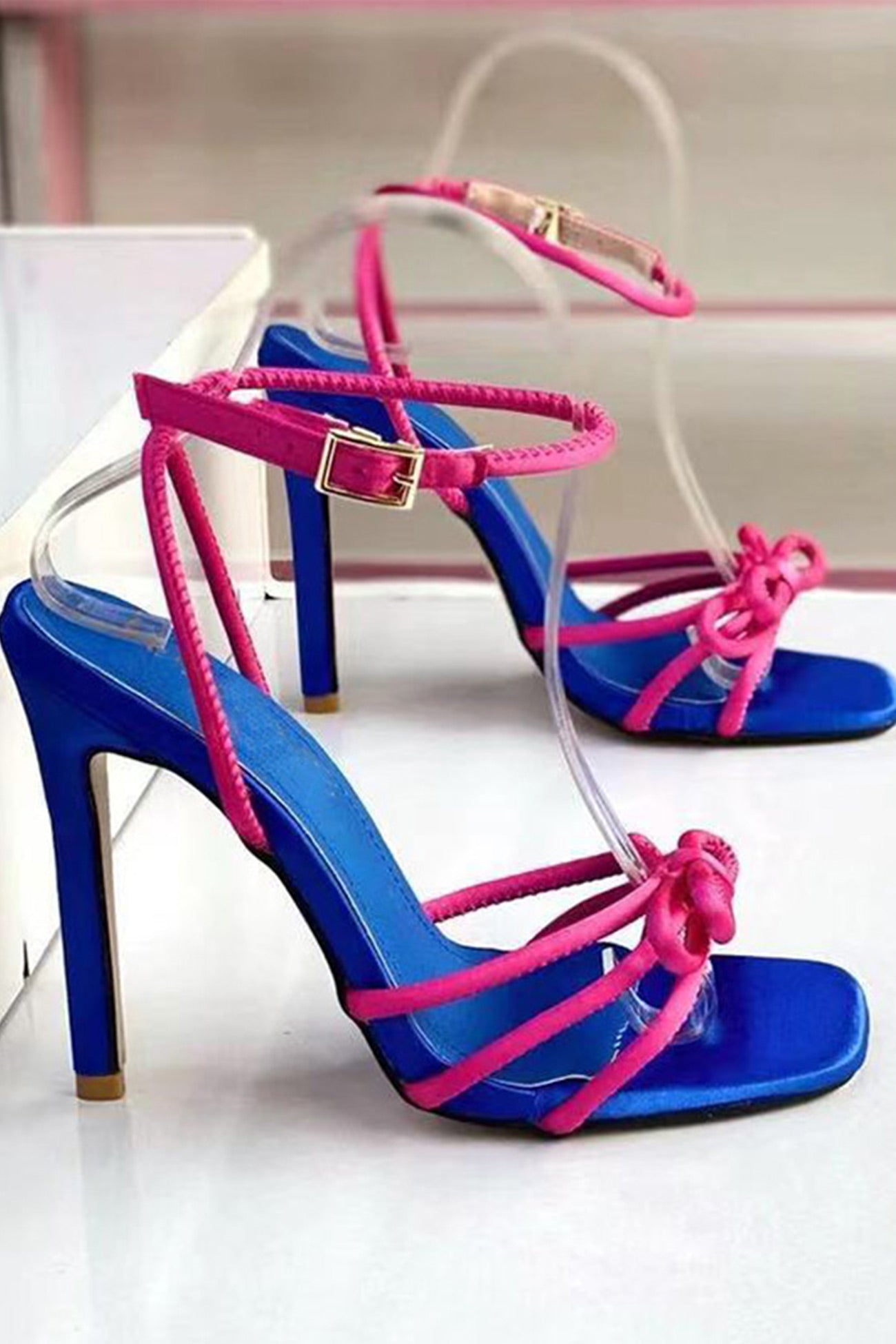 New Fashion Spring Outfit Contrast Bow Straight Buckle High Heels