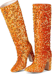 Black Rhinestone Sequin Square Toe Mid Calf Boots