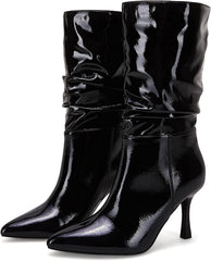 Mid Calf Black Faux Leather High Stiletto Boots