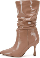 Mid Calf Khaki Faux Leather High Stiletto Boots