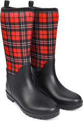 Red Plaid Waterproof Slip-On Women's Rain Boots