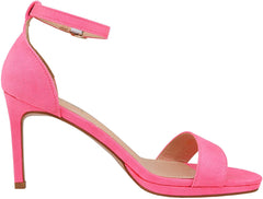 Neon Pink Suede Ankle Strap Pump Heeled Sandals