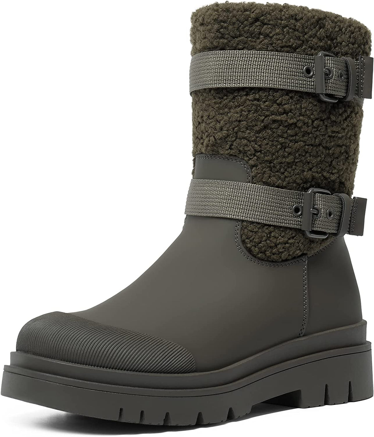 Fur Lining Olive Green Waterproof Mid-Calf Outdoor Boots