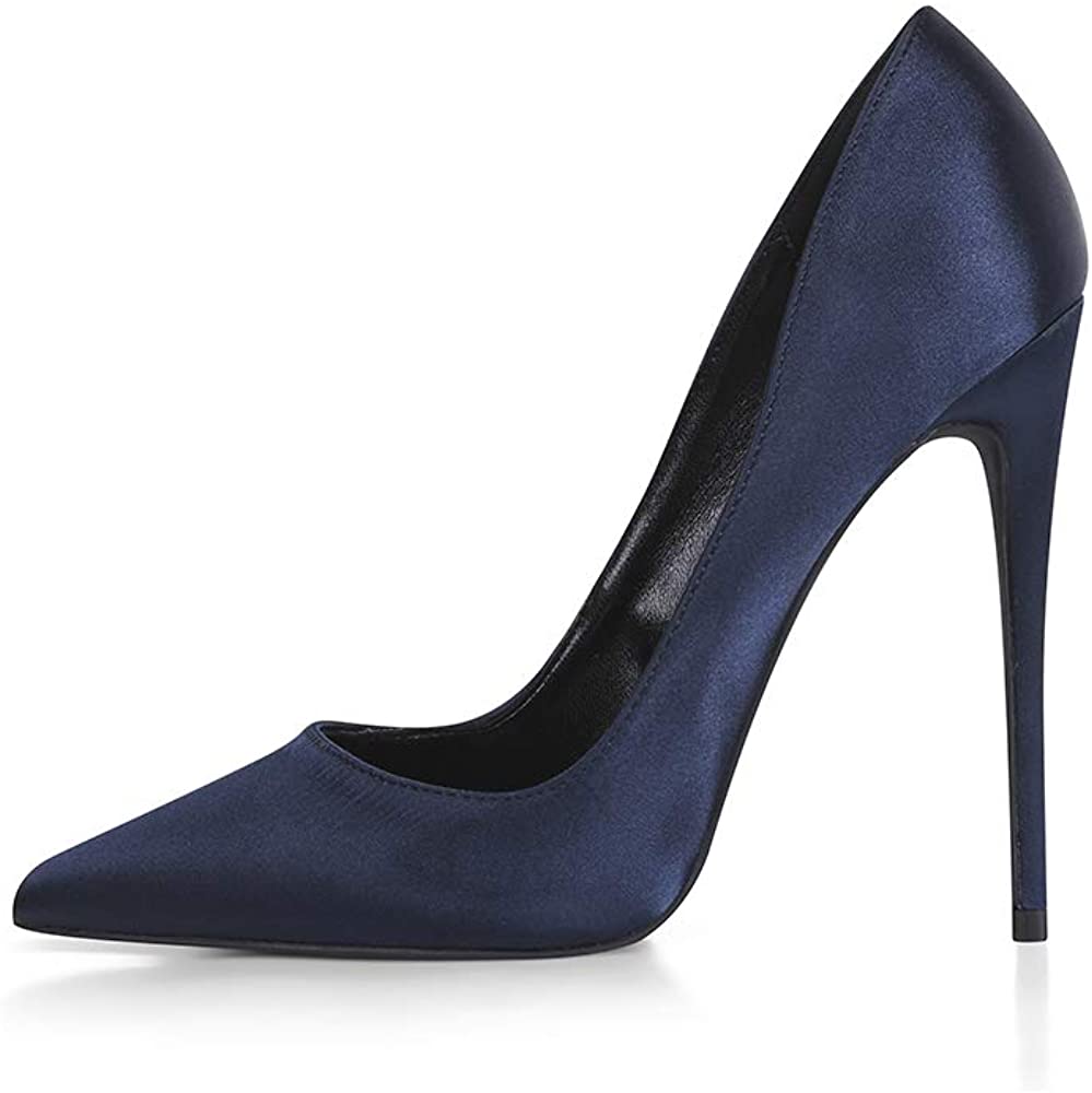 Bridal Navy Blue Satin Pointed Toe High Heels