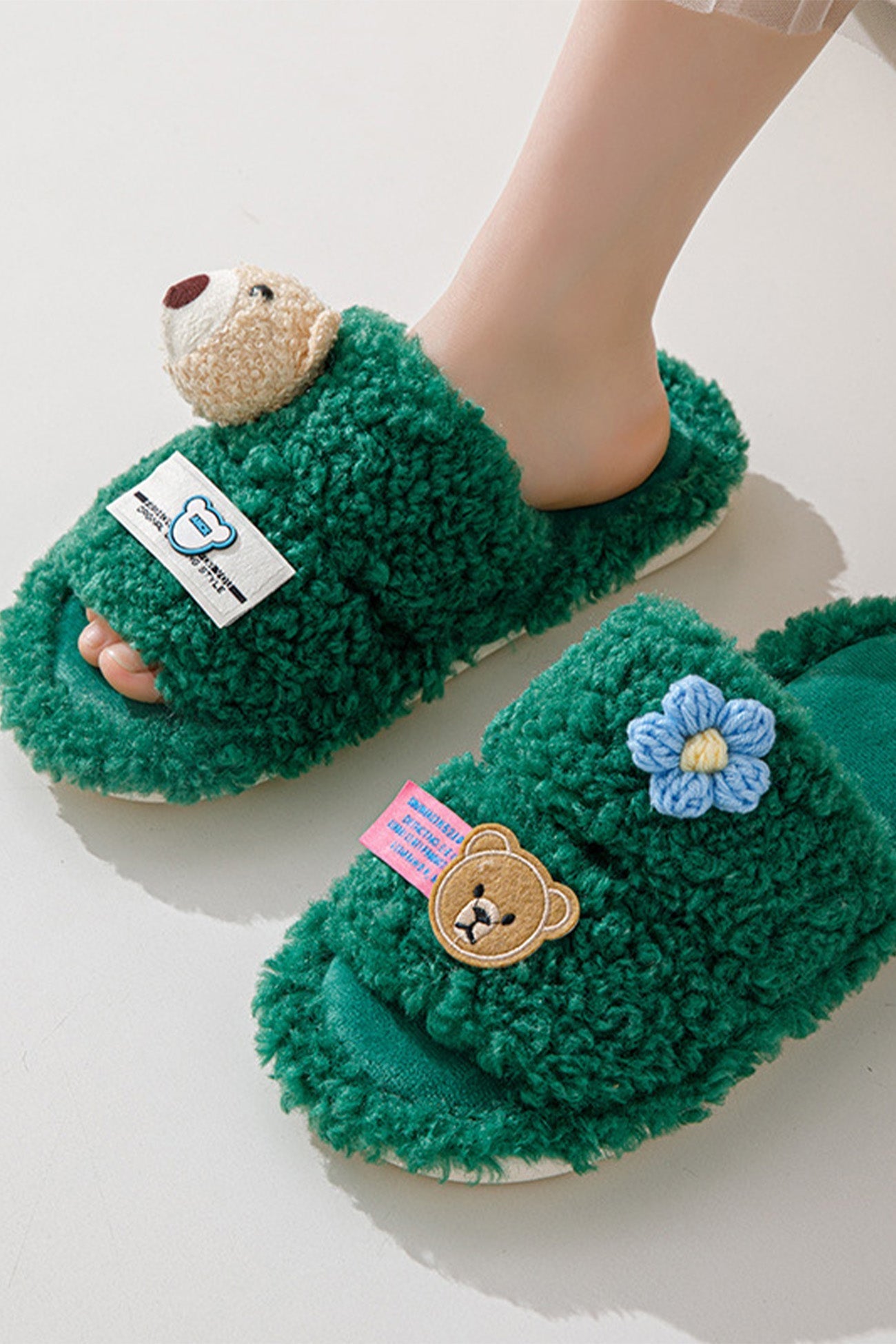 New Fashion Spring Outfit Cute Bear Flower Slip-on Fuzzy Slippers