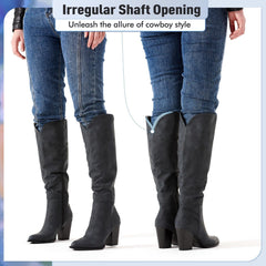 Grey Black Suede Pointed Toe Knee High Boots