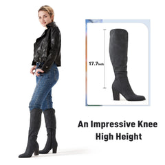 Grey Black Suede Pointed Toe Knee High Boots