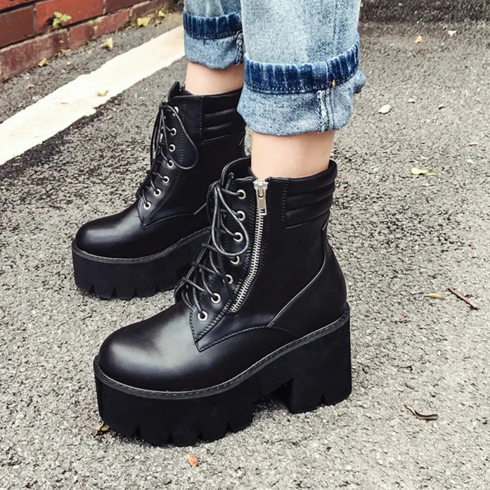 Autumn Ankle Boots For Women Motorcycle Boots Chunky Heels Casual Lacing Round Toe Platform Boots Shoes Female
